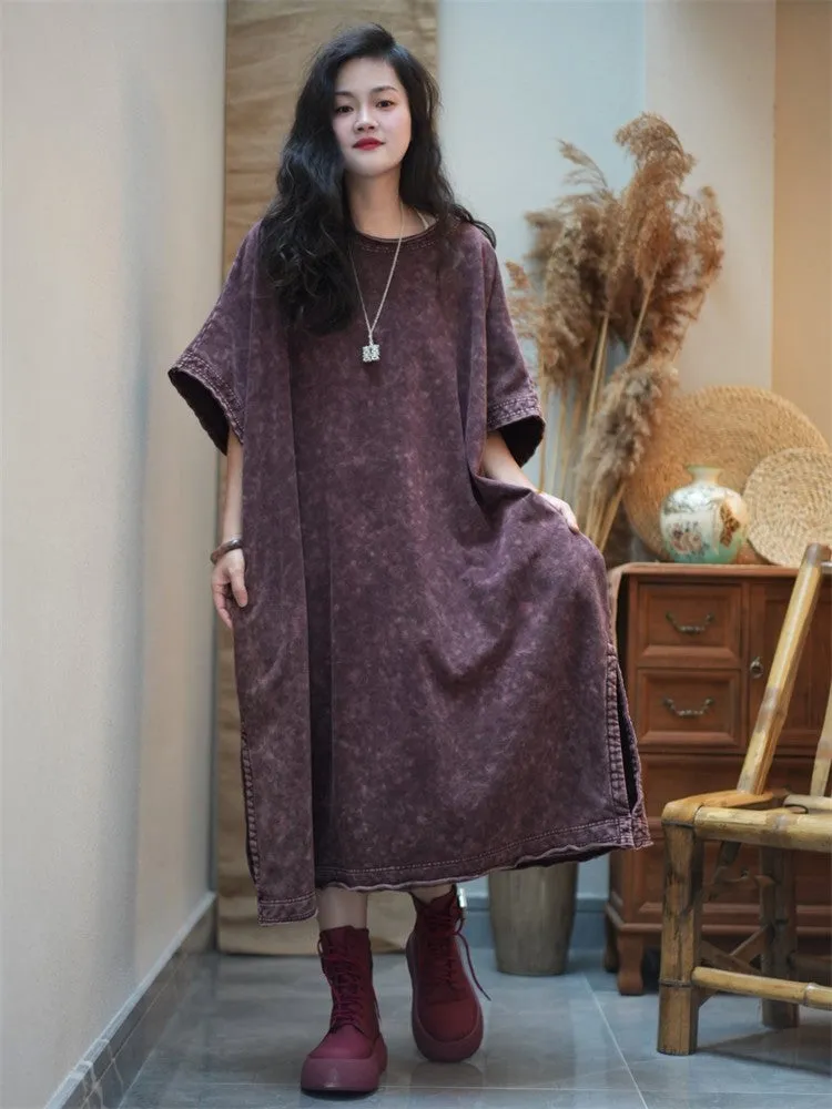 Women Summer Worn Split Hem O-Neck Cotton Dress