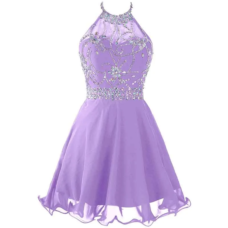 Women's Beaded Halter Homecoming Dress Short Tulle Prom Dress