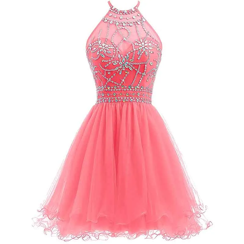 Women's Beaded Halter Homecoming Dress Short Tulle Prom Dress