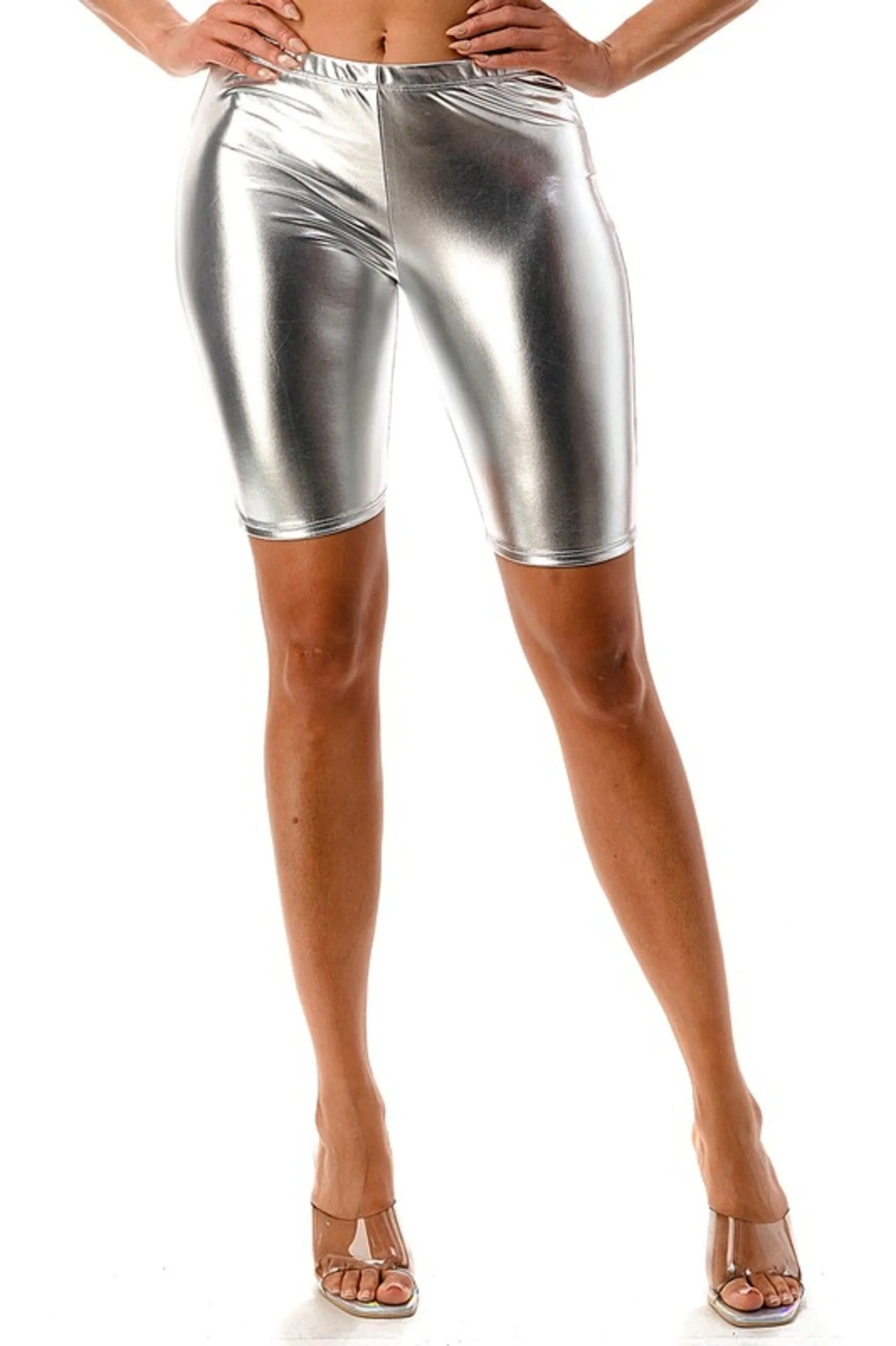 Women's Casual Metallic Pu Leather Biker Shorts