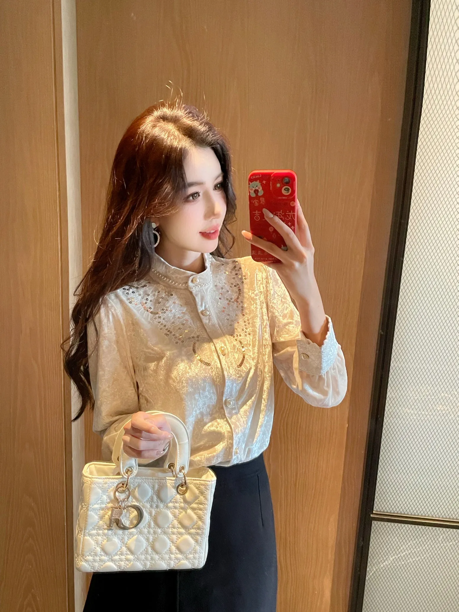 Women's Embroidered Dress Shirt with Broderie and Stylish Band Neckline