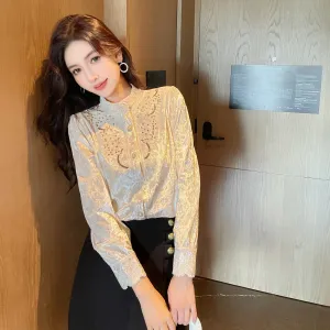 Women's Embroidered Dress Shirt with Broderie and Stylish Band Neckline