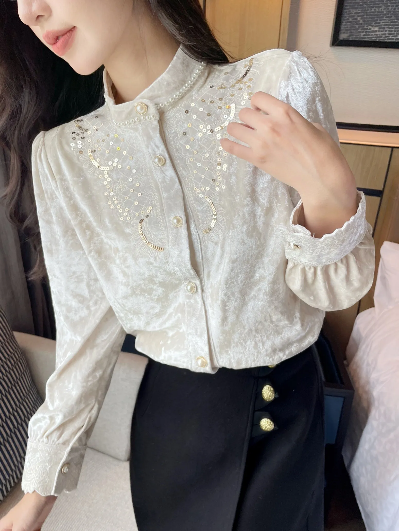 Women's Embroidered Dress Shirt with Broderie and Stylish Band Neckline
