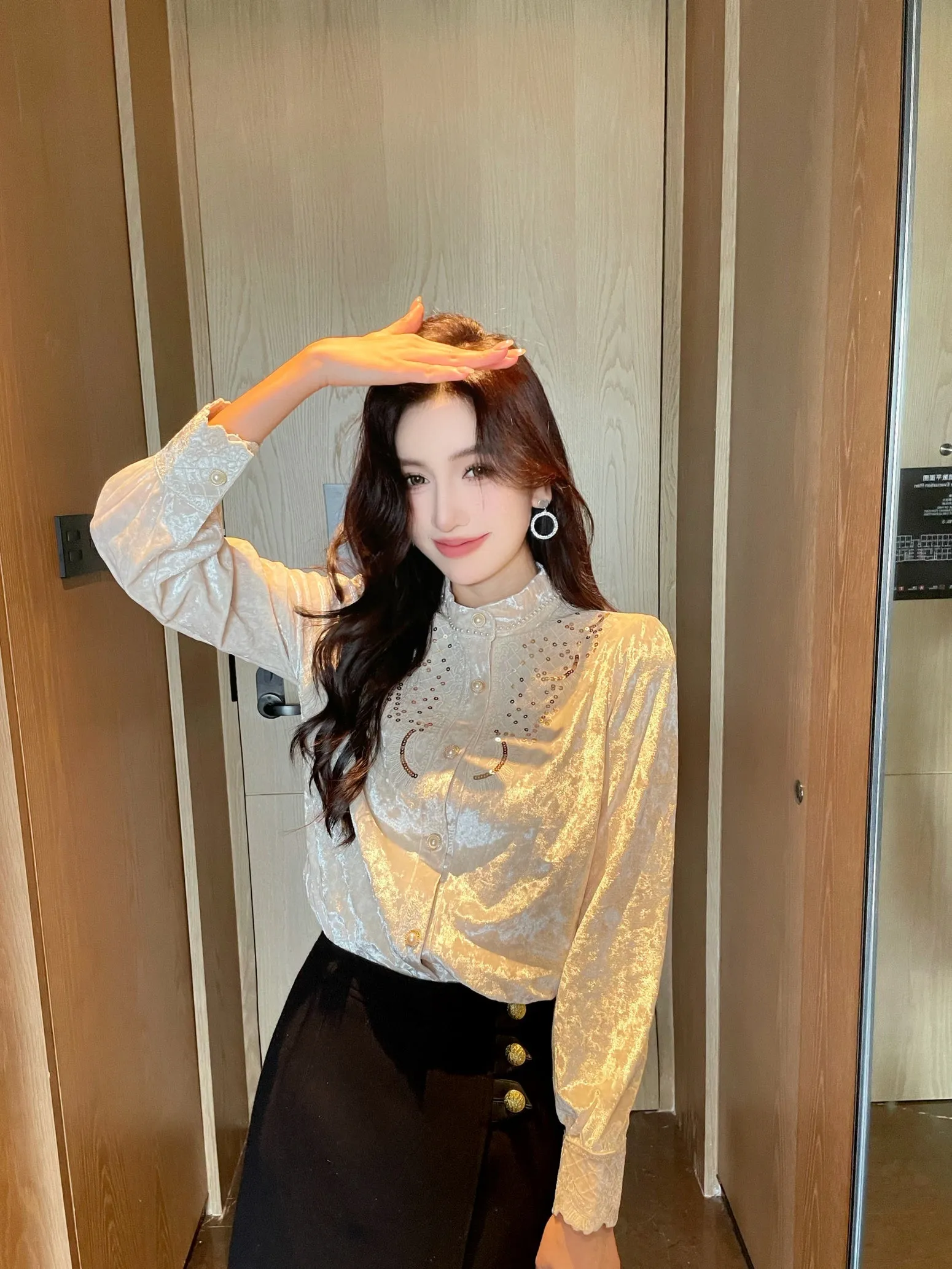 Women's Embroidered Dress Shirt with Broderie and Stylish Band Neckline