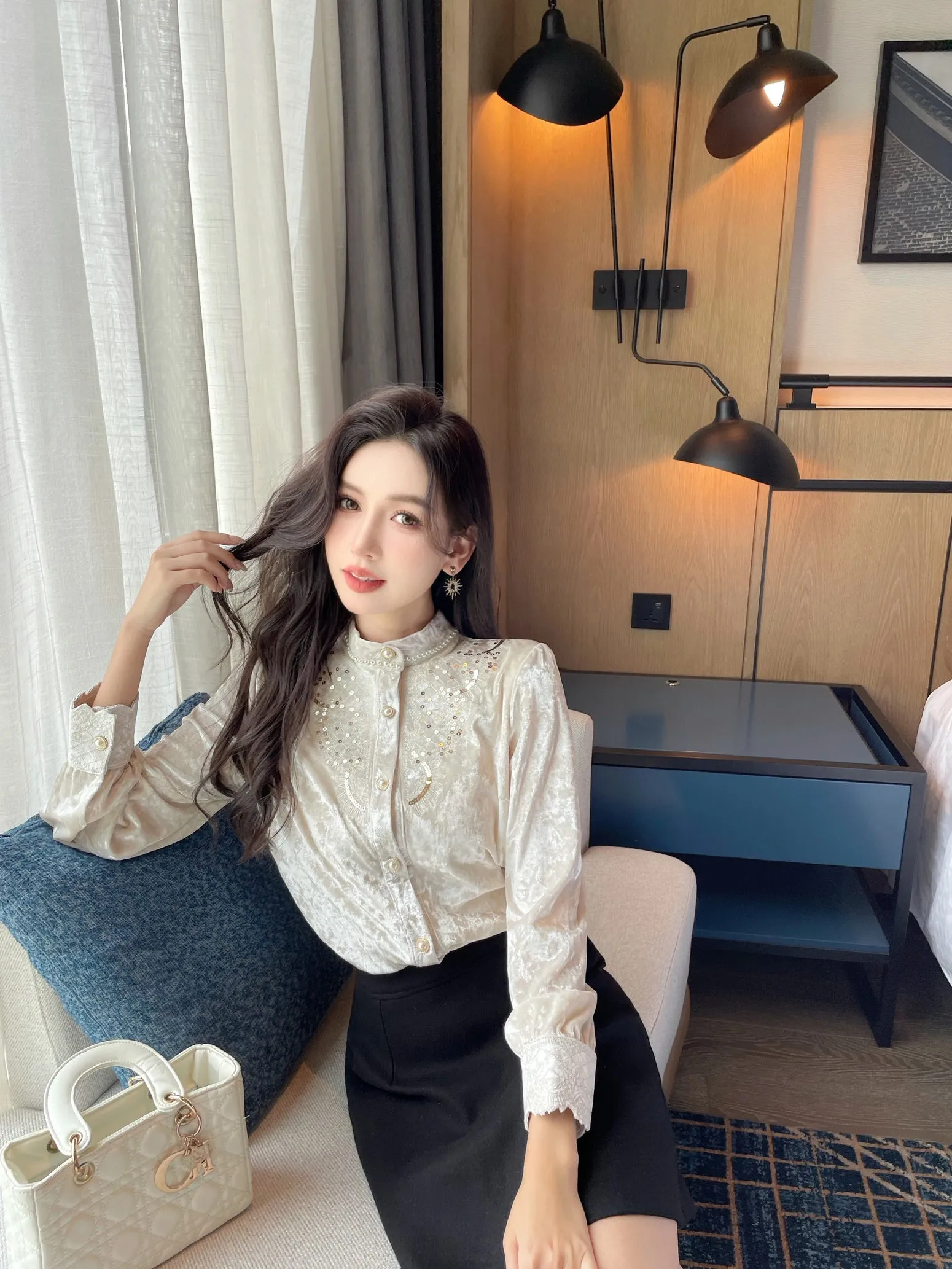 Women's Embroidered Dress Shirt with Broderie and Stylish Band Neckline