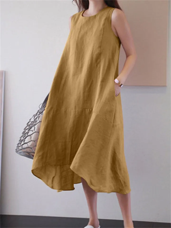 Women's Round Neck Sleeveless Irregular Solid Color Dress