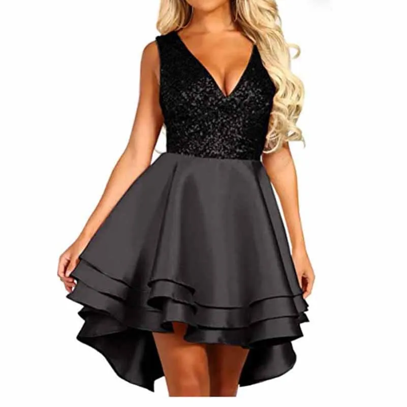 Women's Sequin Glitter V Neck Skater Mini Club Cocktail Party Swing Dress