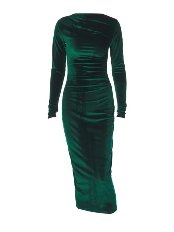 Women's Slim Fit Pleated Round Neck Long Sleeve Dress