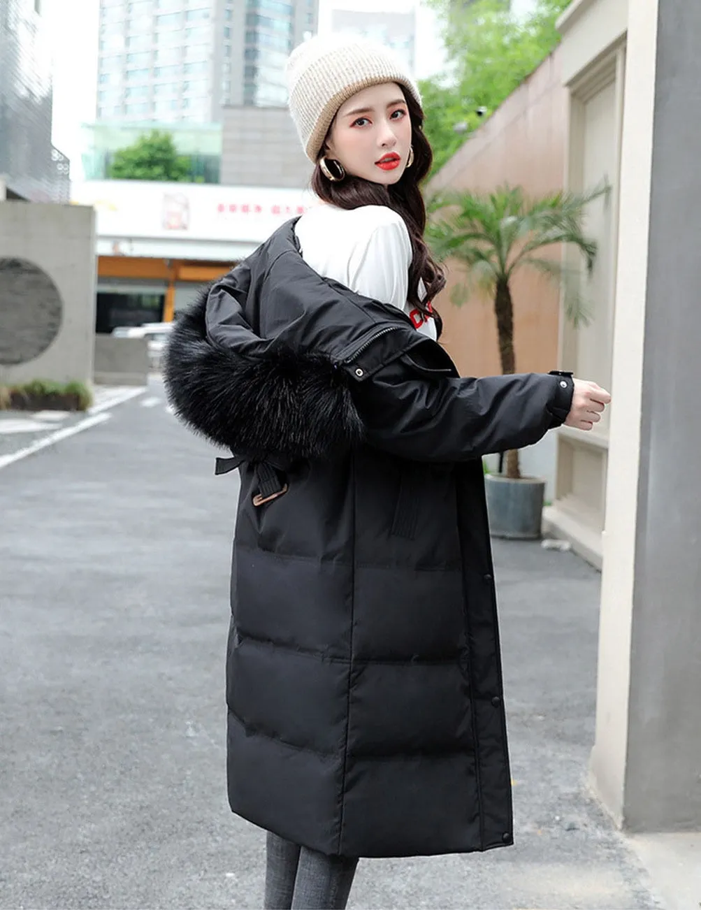 Women's Solid Quilted Puffer Coat with Chic Faux Fur Collar