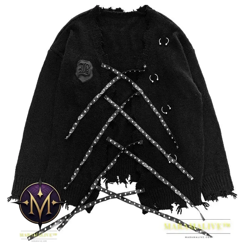 Women's Studded Leather Webbing Tattered Sweater Cardigan Jacket