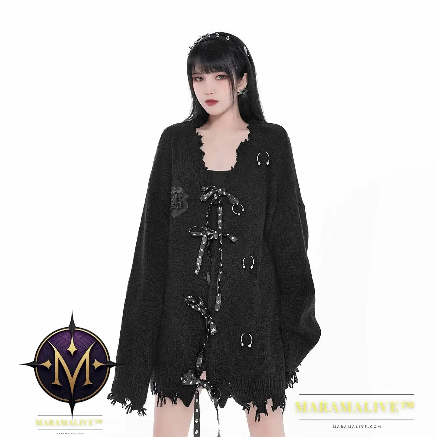 Women's Studded Leather Webbing Tattered Sweater Cardigan Jacket