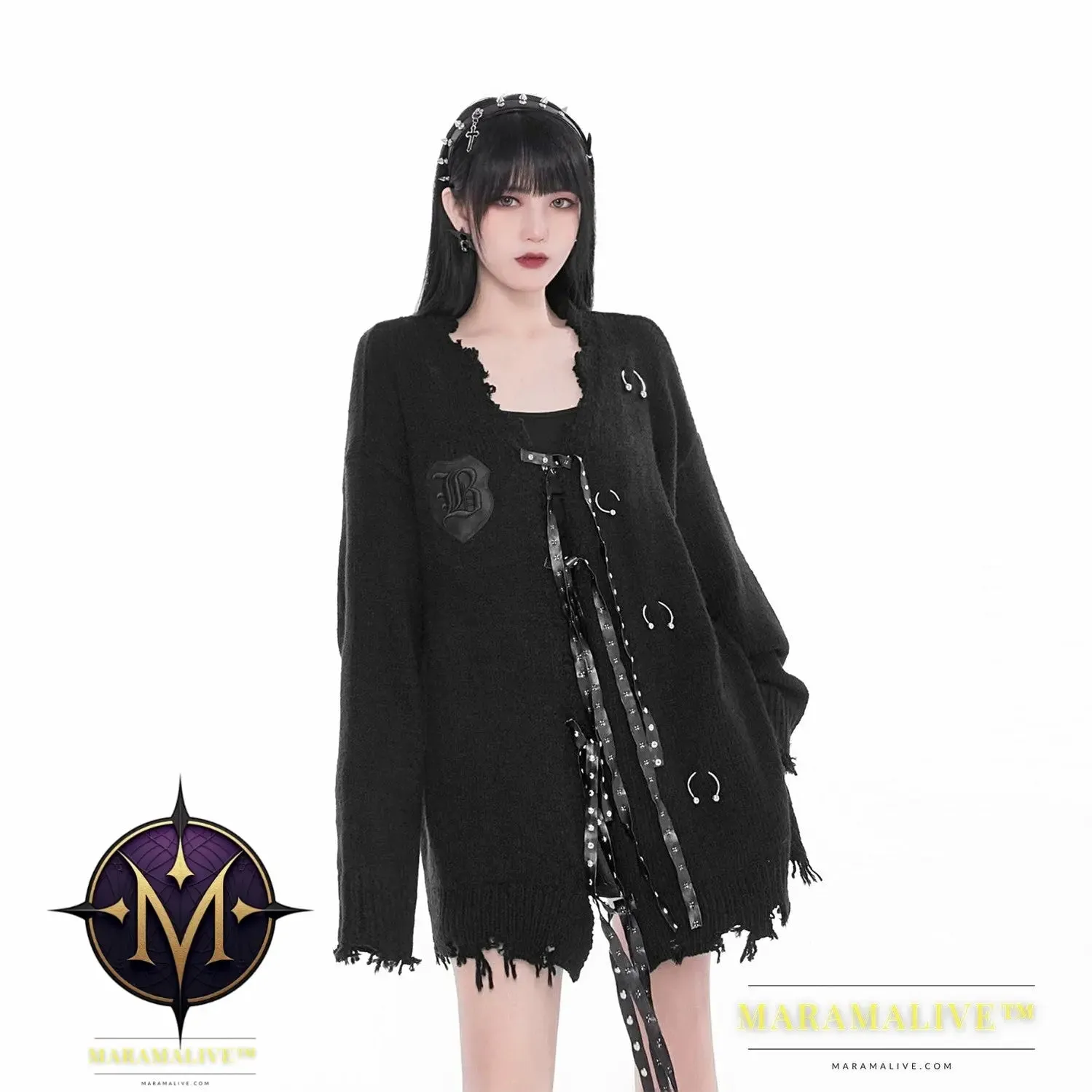 Women's Studded Leather Webbing Tattered Sweater Cardigan Jacket