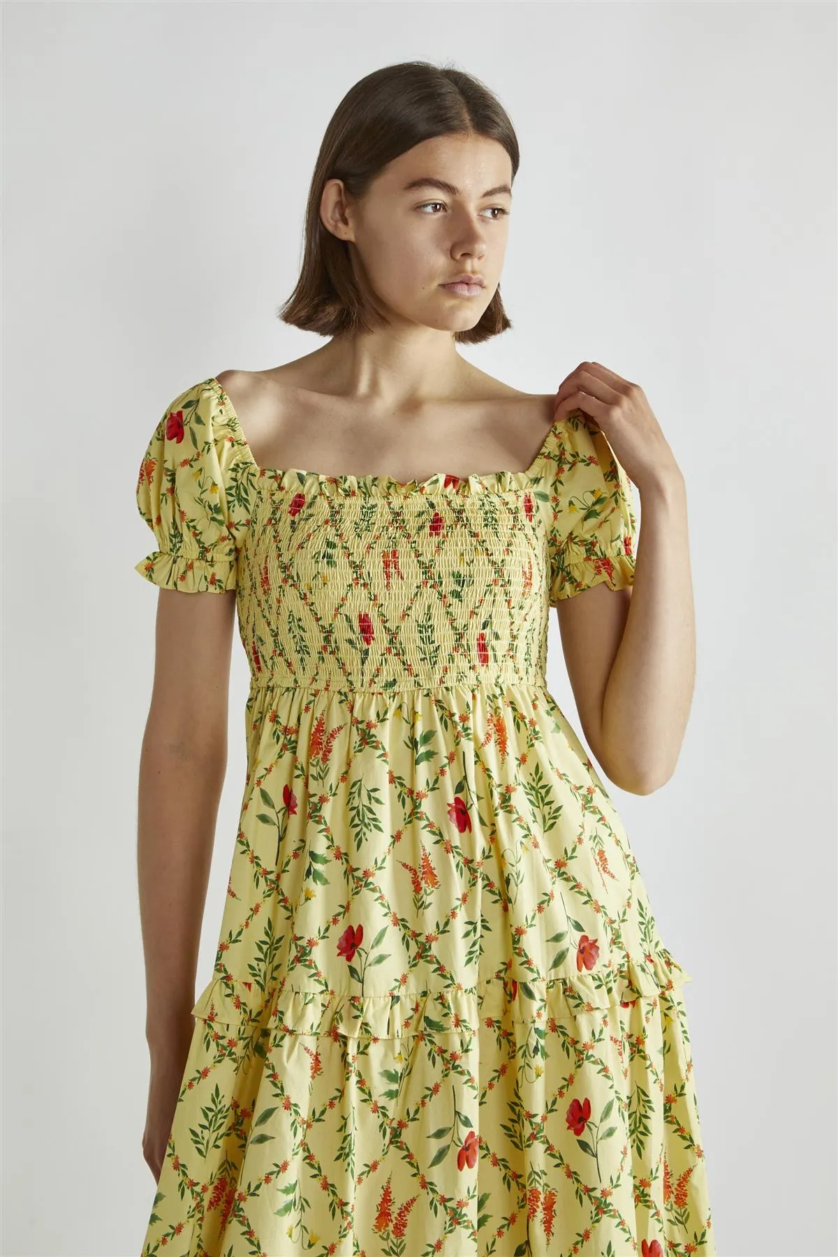 Yellow Floral-Lattice Scoop Neck Maxi-Dress
