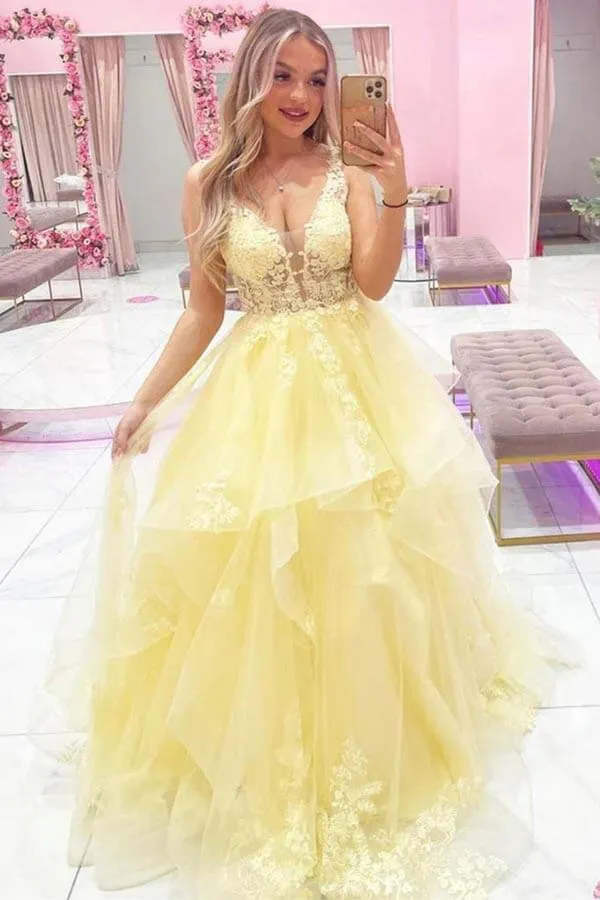 Yellow Layered Tulle A-line V-neck Long Prom Dresses With Appliques, MP903