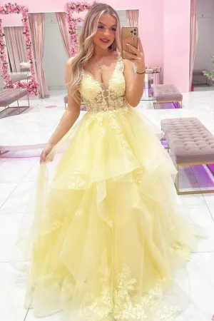 Yellow Layered Tulle A-line V-neck Long Prom Dresses With Appliques, MP903