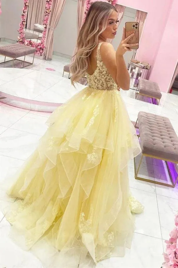 Yellow Layered Tulle A-line V-neck Long Prom Dresses With Appliques, MP903