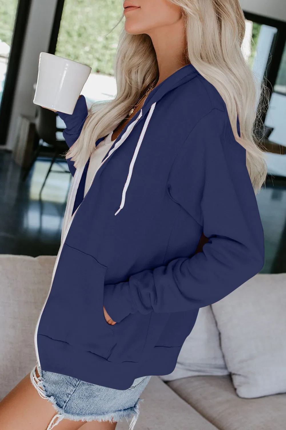 Zip-Up Pocket Drawstring Hoodie Jacket